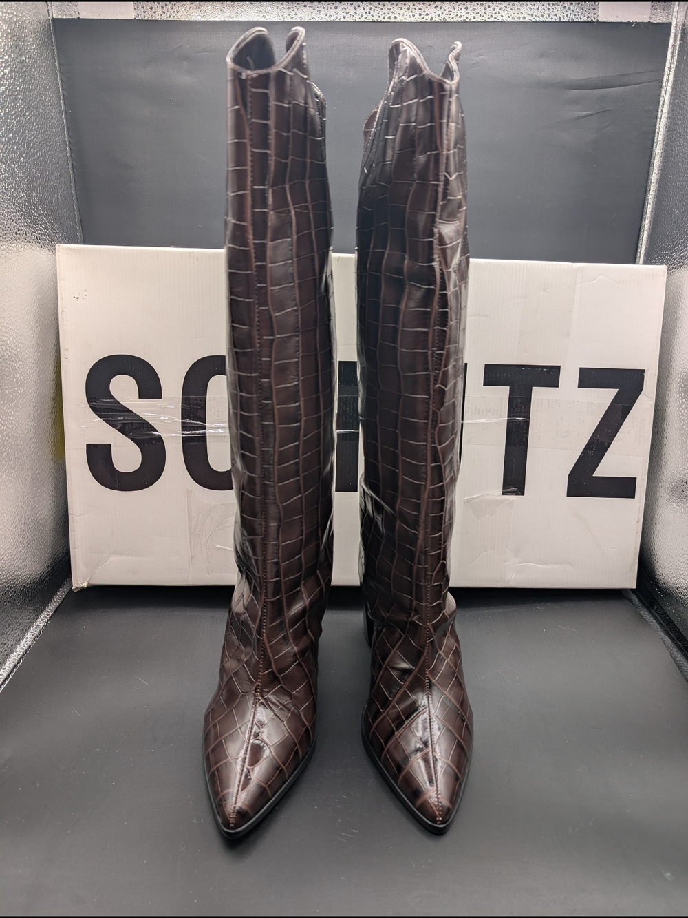 Schultz Brown Croc-Embossed Knee-High Heeled Boots